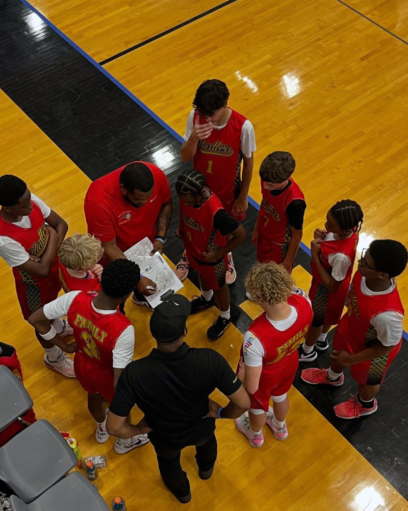 Birdseye view of a game time huddle